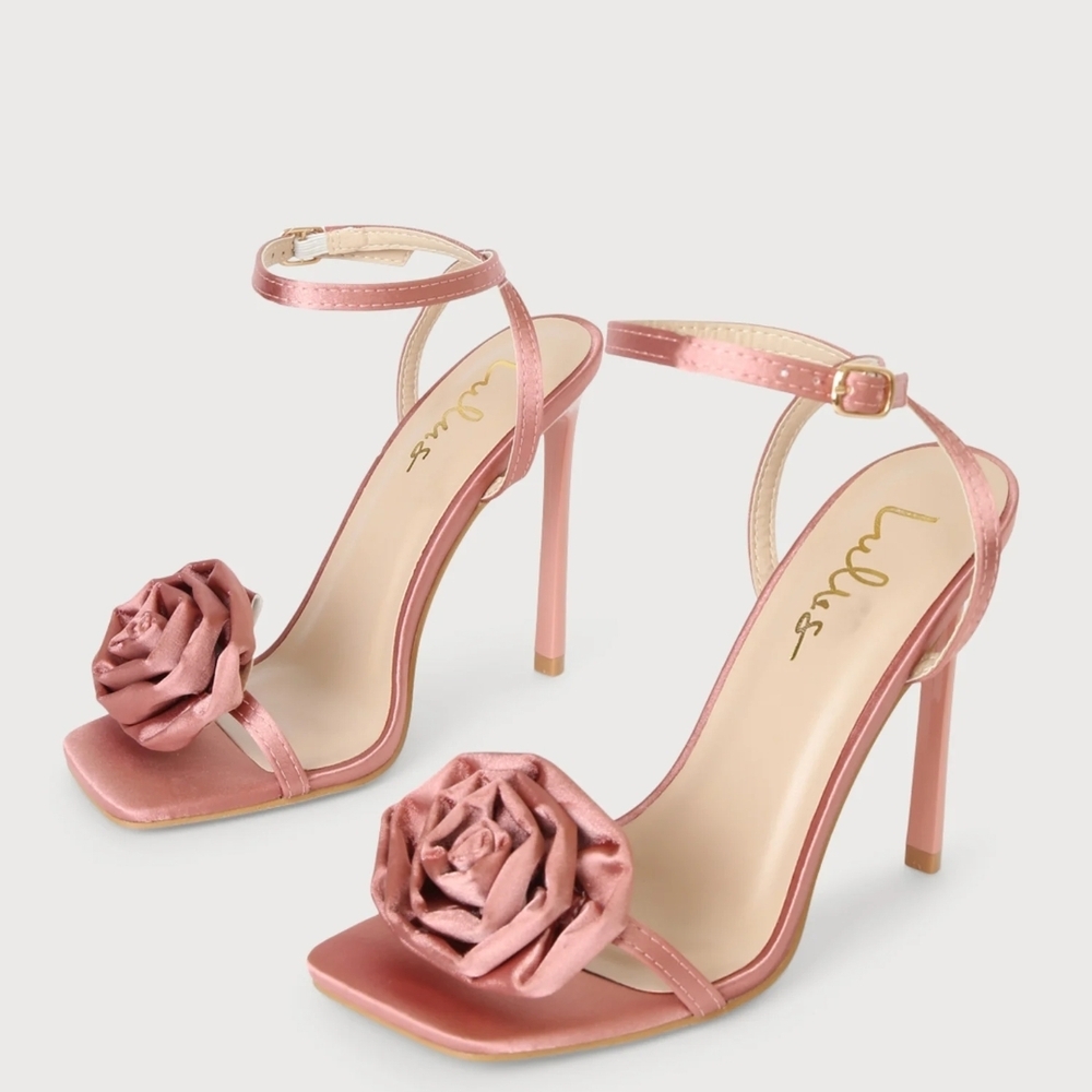 Lulu's Flowaa Pink Satin Heels with Rose Detail